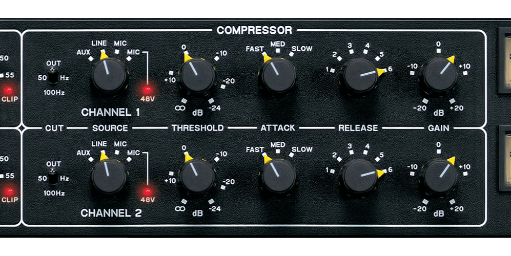 A close up of the 1960 front panel showing the channel 1 and 2 compressor stage controls