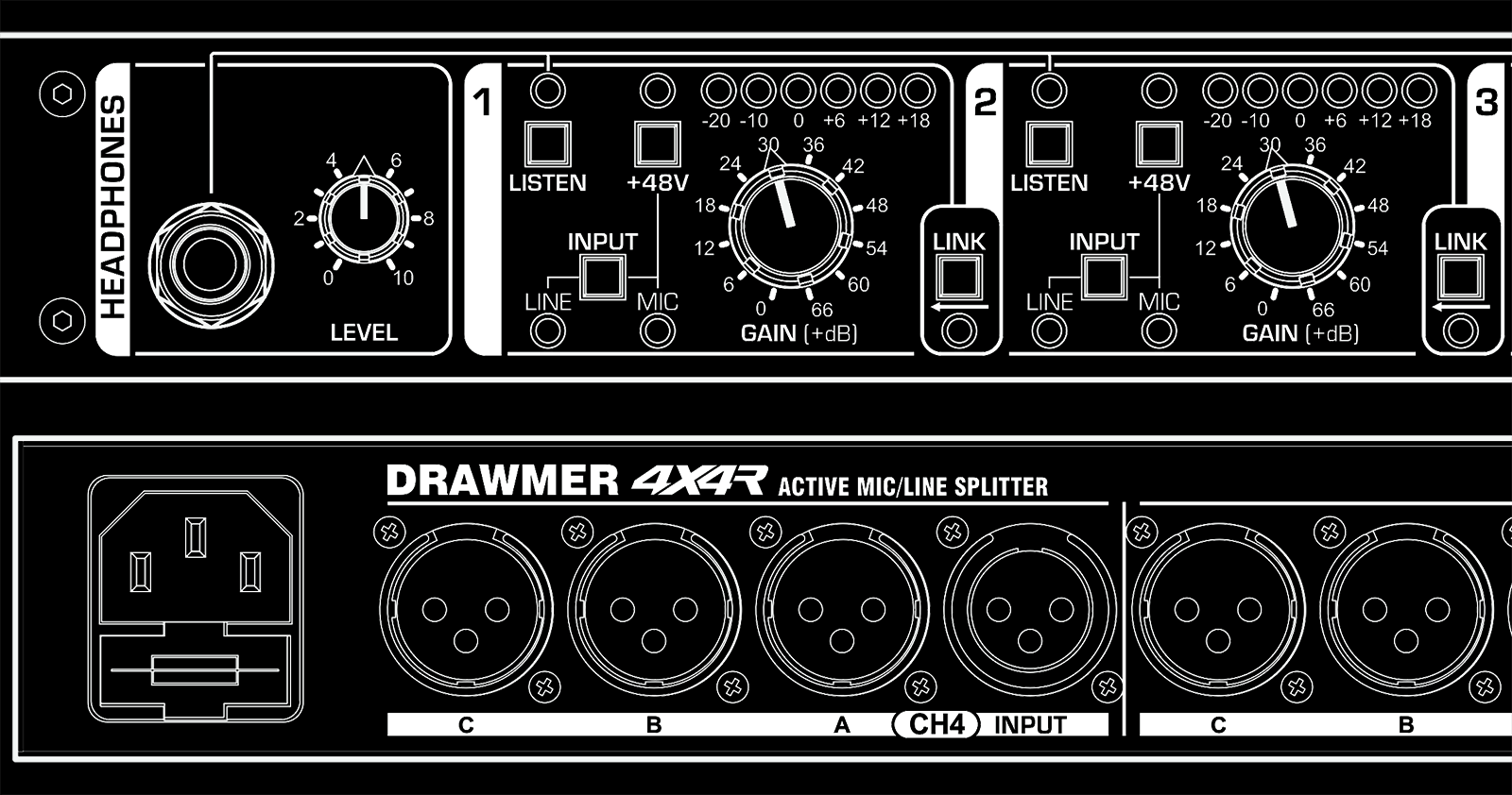 The front panel of the 4X4R showing the headphone, channel one and channel two sections