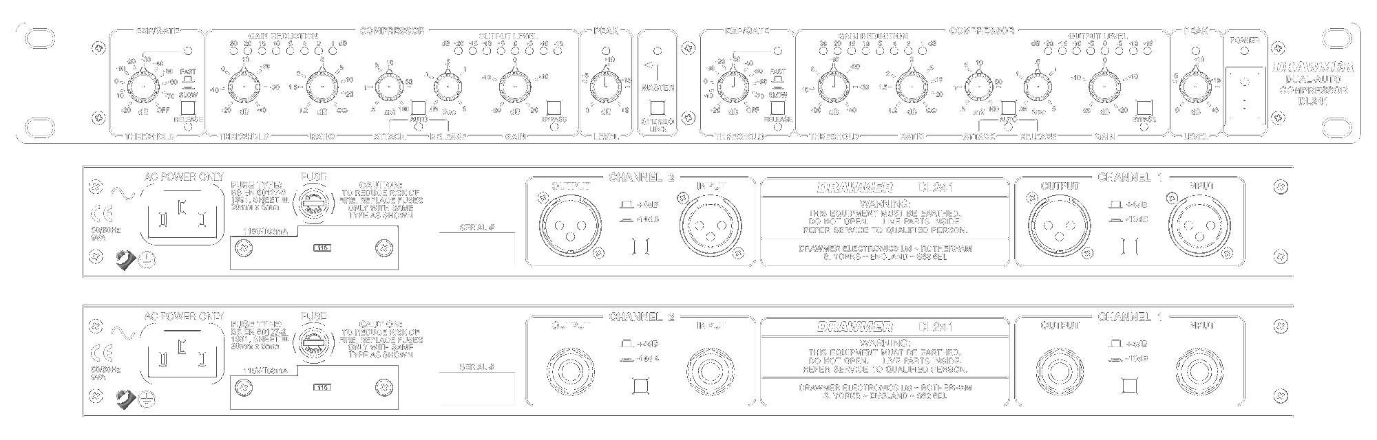 A line drawing of the front and rear panels of the DL241 showing controls and connectors