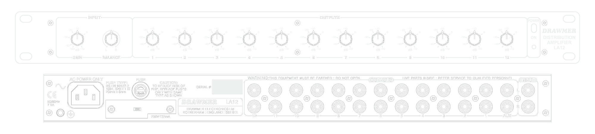 A line drawing of the front and rear panels of the LA12 showing controls and connectors