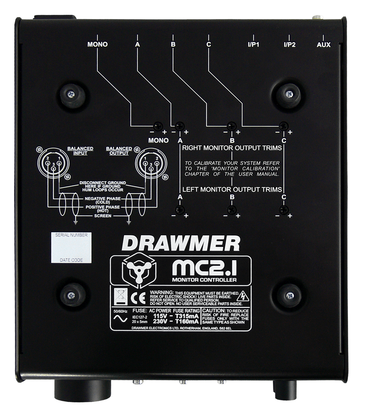 View of the underside of the MC2.1 showing the speaker trim controls