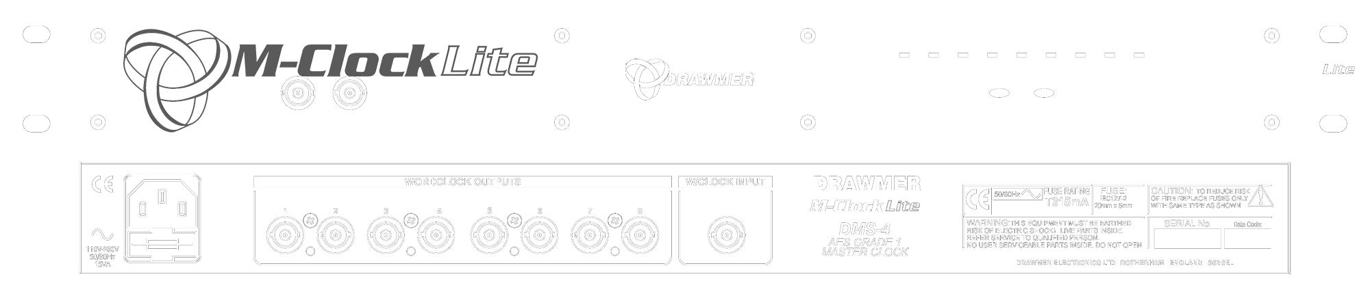 A line drawing of the front and rear panels of the M-Clock Lite showing controls and connectors