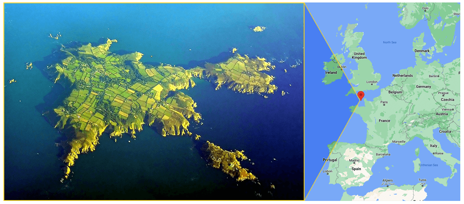 Aerial image of the island of Sark with Google Maps location next to it