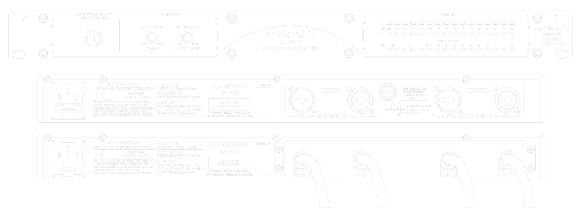 A line drawing of the front and rear panels of the SP2120 showing controls and connectors
